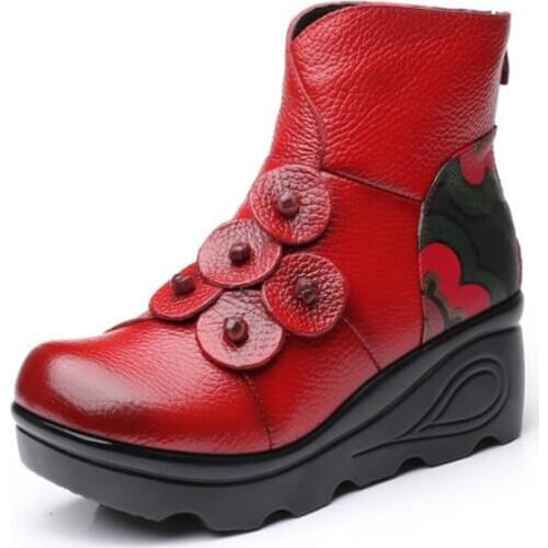 2019 New Autumn/winter Boots Woman Retro Flower Cow Leather Women Boots Elegant Printing Ankle Boots Comfort Wedge Fashion Boots