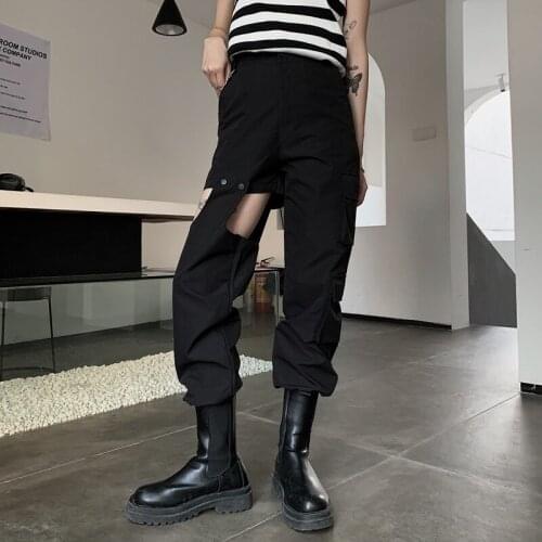 Women Streetwear Cargo Pants Black 2021 Autumn Korean Style Pocket Patchwork Female Loose Fashion High Waist Haren Pants Women