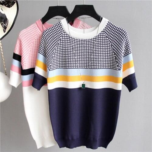 New Plaid Contrast Color Womens Sweater Knitted Elasticity Pullover Ladies Sweater O-Neck Slim Short Sleeve Women Clothing 2021