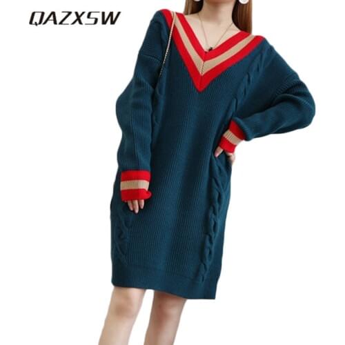 QAZXSW Women Autumn Knitted Sweater 2019 New Arrival Pullovers Blouses V-Neck Loose Winter Sweater Patchwork Preppy Jumper HB305