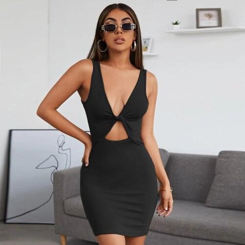 Summer Womens Sexy Knotted Hollow Vest Dress 2021 New Solid Color Wild Trend Sleeveless Hip Skirt