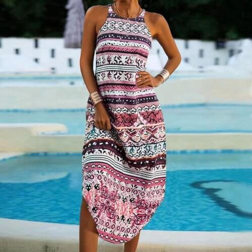 Summer Beach Bohemia Womens Midi Dress Sleeveless Round Neck Patchwork Female Dresses Fashion Casual Lady Party Vestidos D30