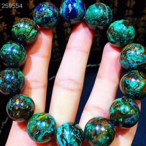 16mm Natural Green Malachite Azurite Powerful Bracelet Rare Stretch Gemstone Round Beads Woman AAAAAA