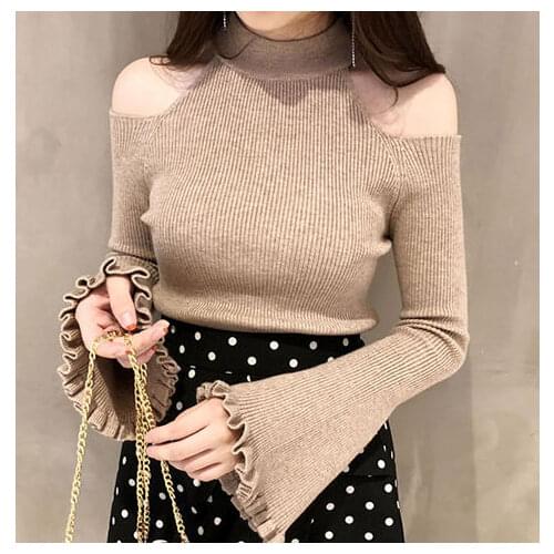 2020 Sexy Women Knitted Wood Ears Flare Sleeve Knitted Sweater Female Thin Fashion Off-The-Shoulder Ladies Slim Pullovers L262