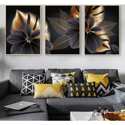 Abstract Luxury Blossom Flower Leaf Canvas Painting Wall Picture for Living Room Plant Wall Art Nordic Black Copper Poster Decor