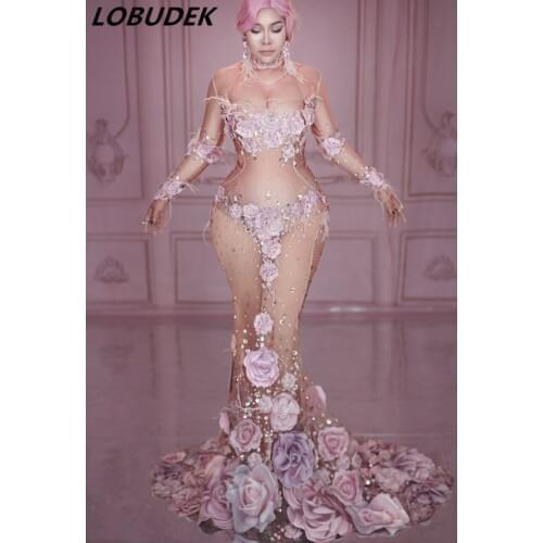 Shining Rhinestones Pink Floral Mesh Perspective Trailing Dress Sexy Elastic Long Dress Evening Party Stars Singer Host Costumes