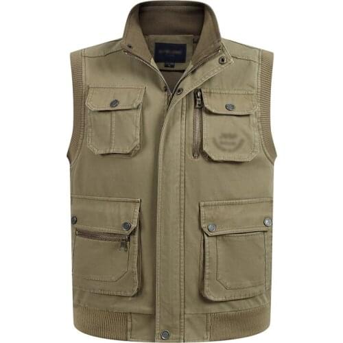 Spring Autumn Men Big Size XL-5XL Cotton Vest Multi Pockets Army Green Khaki Waistcoat Male Photography Sleeveless Collar Jacket