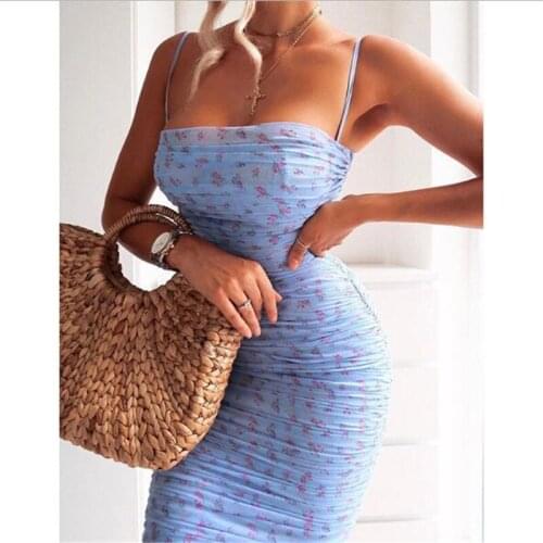 Wsevypo Elegant Women Suspender Floral Ruched Bodycon Dress Party Evening Sleeveless Strapless Pleated Midi Dress for Summer