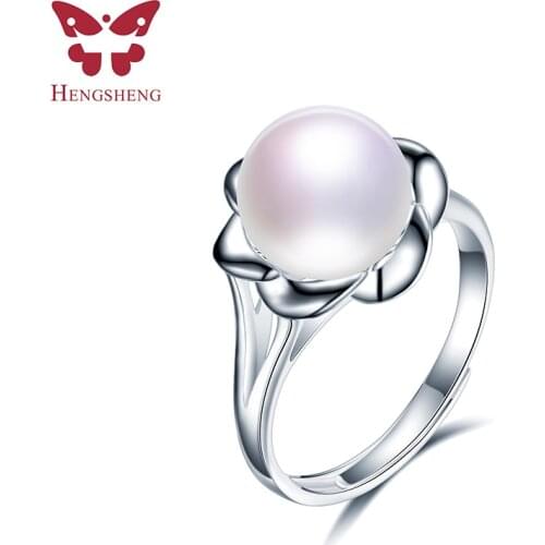 HENGSHENG 925 Silver Flower Women Rings,Natural Freshwater Pearl,White/Black Pearl,Fashion Romantic Jewelry Ring,Gift Box