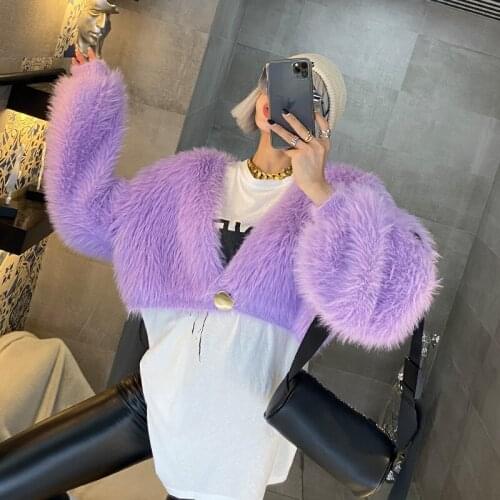 Korean Autumn Women Mohair Cardigan New 2021 Chic Fashion Knitted V Neck Pink Lantern Sleeve Soft Thick Short Sweater Coat