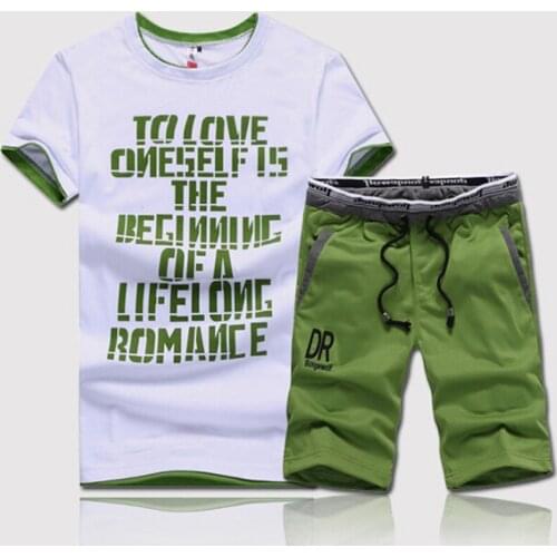 Summer Short 2Piece Set Fitness Clothes Man Casual O-neck Letters Printed Top Tees + Drawstring Shorts Man Fitness Set