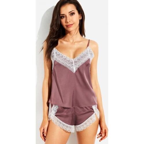 Summer womens pyjamas set sexy V-neck silk lace sexy lingerie two pieces of home wear