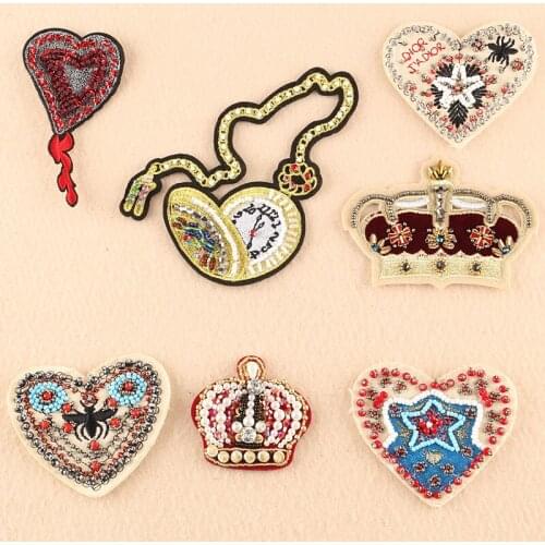 Lovely love DIY patches beads crown design iron-on T-shirt handmade hotfix rhinestone DMC Class crown patch