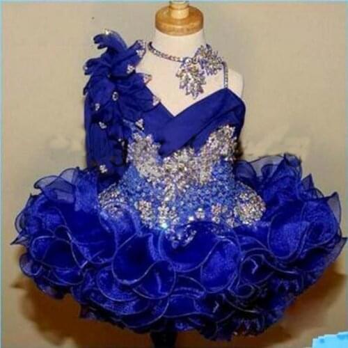 Cute Girls Glitz Pageant Dresses Royal Blue Lace Beads Crystal Pageant Party Gowns Girl Tiers Toddler