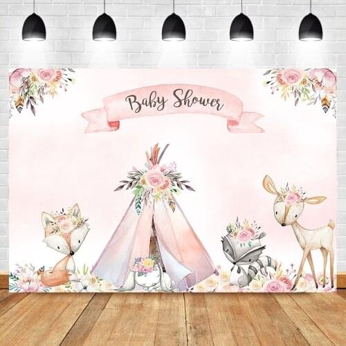 Neoback Woodland Baby Shower Backdrop Flower Boho Teepee Photography Backdrop Fox Woodland Baby Shower Party Banner Backdrops
