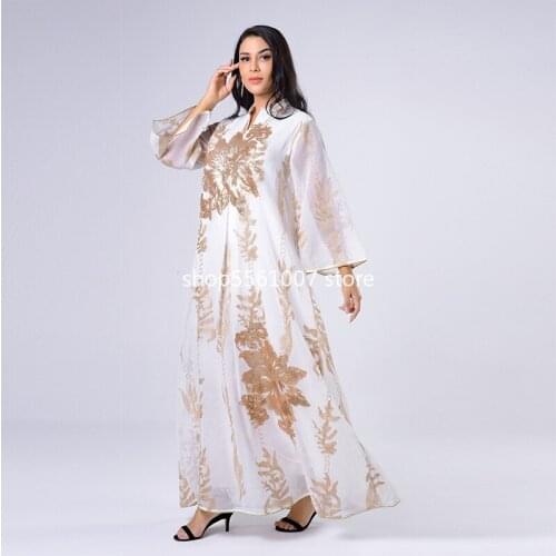 Fashion Embroidery Mesh Abaya Muslim Dress Jalabiya for Women Gold Sequins Loose Robe White Wedding Dresses Morrocco Kaftan