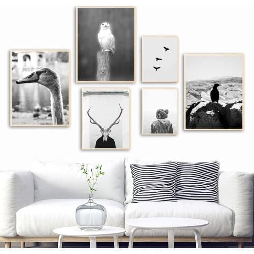 Black White Owl Seagull Duck Mountain Wall Art Canvas Painting Nordic Posters And Prints Wall Pictures For Living Room Decor