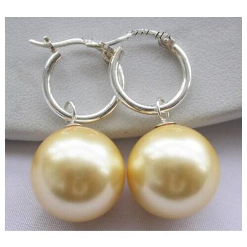 New Favorite Pearl Earring Huge 16mm Round Yellow South Sea Shell Pearl S925 Silver Dangle Earrings Fine Jewelry Lady Gift