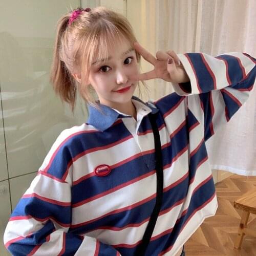 Autumn 2021 new open belly button short loose striped POLO collar long-sleeved T-shirt
