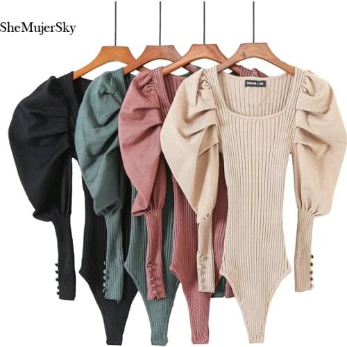 SheMujerSky Autumn Knitted Bodysuits Women Vintage Square Collar Puff Sleeve Bodysuit 2020 Solid Color Slim Jumpsuit