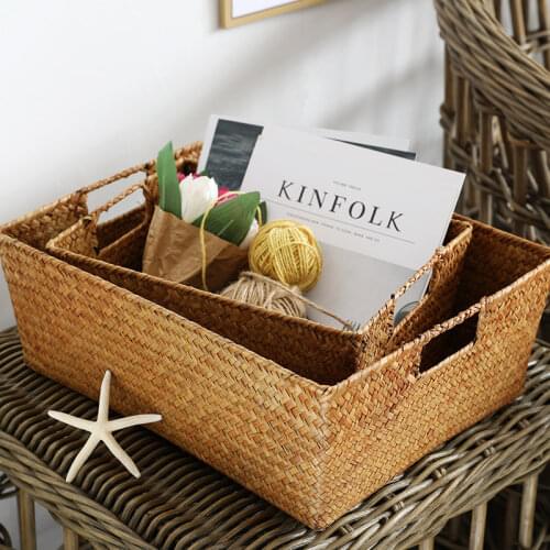 LuanQI Wicker Bakset Wicker Picnic Basket Rattan Seagrass Woven Storage Basket Handmade Organizer Box With Handle Home Decor