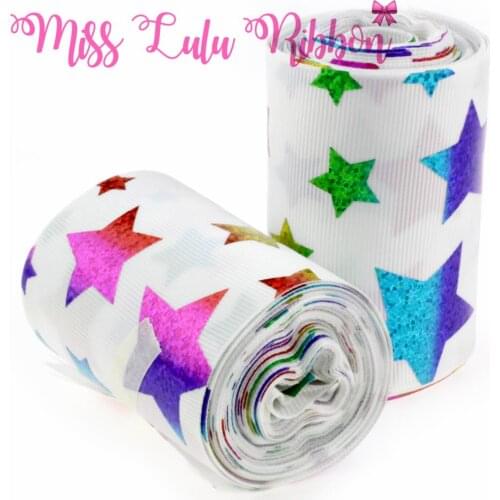 3"75mm Rainbow Hologram Star Patterns Printed Grosgrain Ribbon DIY Wedding Decor Handmade Gift Wrap Bands 5Yards/Roll