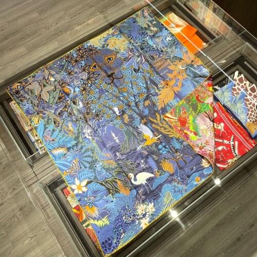 90cm Double-sided manual fine curling 100% Real Silk Scarf Jungle Natural Square Shawl Women Hijab Bandana Kerchief Beach Towel