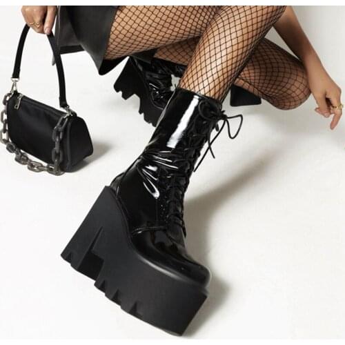 Chic Shiny Patent Leather Goth Boots Shoes for Women 2022 Autumn Winter Gothic Platform Chunky Heels Mid-calf Boots Female Shoes