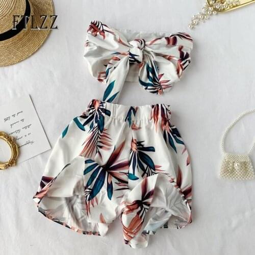 Women Two Piece Sets New Summer Leaf Print Sexy Bra Bow Crop Tops + Elastic Waist Wide Leg Shorts Suit Fashion Ladies Outfit