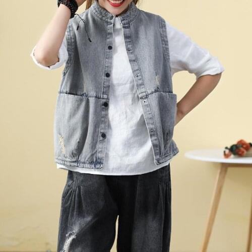 Spring Summer New Arts Style Women Loose Casual Vest Jacket Single Breasted Cotton Denim Vintag Hole Vest Coat Plus Size S749