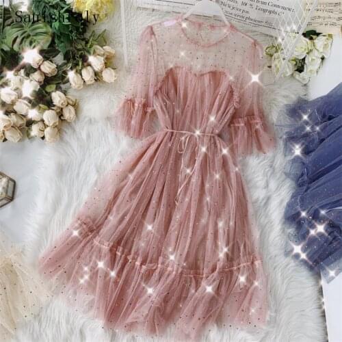 Sanishroly Summer Autumn Women Midi Long Dress Sweet Belt Star Sequins Lace Dress Female Short Sleeve Mesh Dress Vestidos CD014
