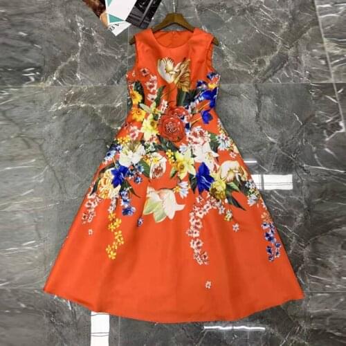 Women Runway Fashion 2021 Summer New Sleeveless Red Flower Print Elegant Ball Gown Long Dress With Pockets