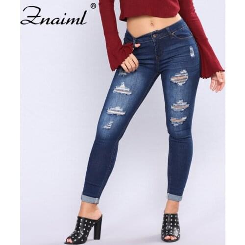 Znaiml Blue Ripped Jeans For Women High Waist Mid Rise Distressed Trouser Stretch Hole Denim Jeans Skinny Street Pencil Pants