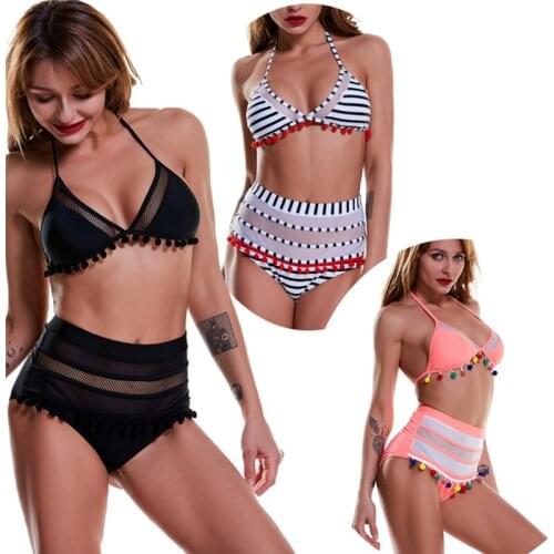 2021 Sexy Halter Retro Mesh Hollow Out String Biquini Bathing Suit Female Swimsuit High Waist Plus Size Swimwear Women Bikini