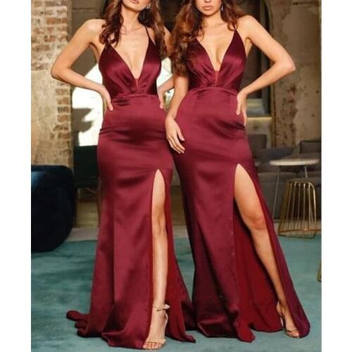 2021 V Neck Satin Prom Dresses Spaghetti Straps High Split Backless Formal Party Sleeveless De Soiree Gowns Robe