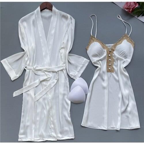 White 2PCS Rayon Women Robe Gown Set Sexy V-Neck Kimono Bathrobe&Nightdress Sleep Suit Lace Floral Trim Button Lounge Night Gown