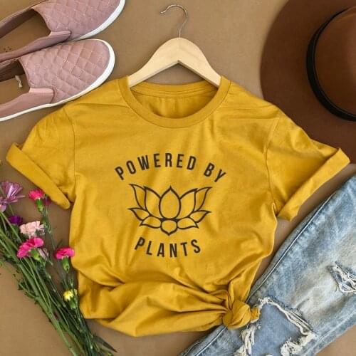 Powered By Plant Slogan T-Shirts Womens Herbivore T Shirt Lotus Graphic Print Tshirts Hipster Streetwear Vegan Tee Shirts Tops