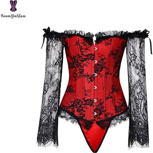 Gothic Long Sleeve Overbust Corset Steampunk Vintage Embroidery Floral Waist Bustier Cincher Top Underwear Corselet