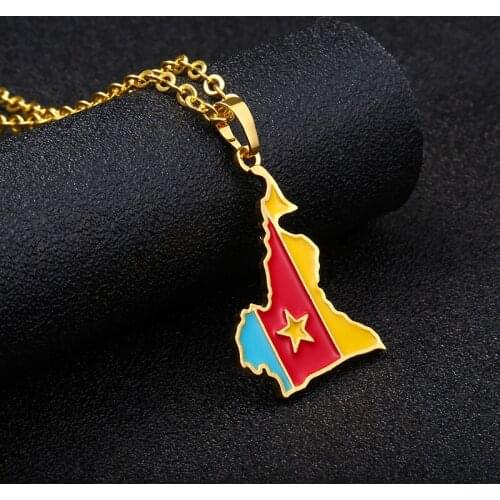 Map of the world Cameroon flag pendant necklace stainless steel chain mens and womens jewelry