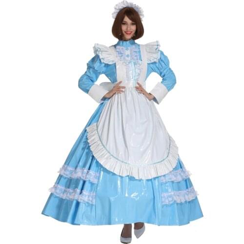 Sissy Girl French Maid Lockable PVC Baby Blue Long Dress Crossdress Uniform Cosplay Costume