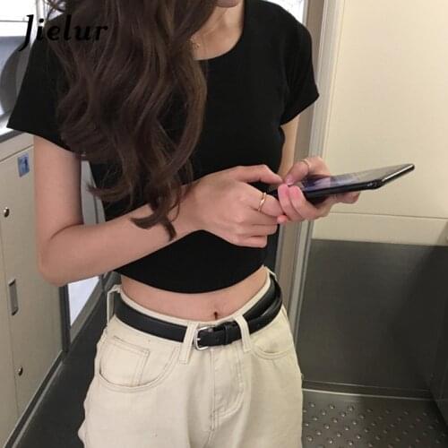 Jielur 8 Solid Color Korean Crop Top Femme 2021 Harajuku Tshirt Cotton Women Basic T-shirt Casual O-neck Tee Tops White