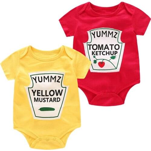 Summer Jumpsuits for Girls and Boys Cute Unisex Clothing Cartoon Fruit Letters Short Sleeve Baby Romper Red and Yellow Catsuit
