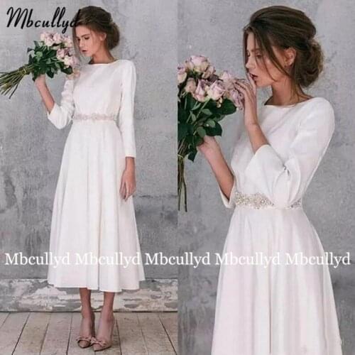 Mbcullyd Vintage Tea Length A-Line Wedding Dresses 3/4 Sleeve Crystal Sashes Satin Elegant Bridal Receipt Dinner Gowns trouwjurk