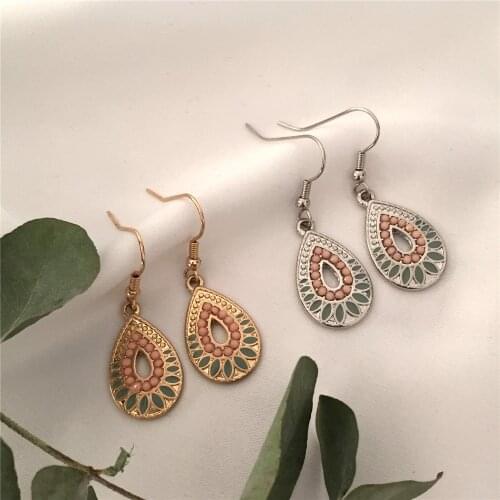 Cute Drop Earrings Gold and Rhodium Color Water Drop Green and Peach Color Enamel Decorate Earrings for Women Gift