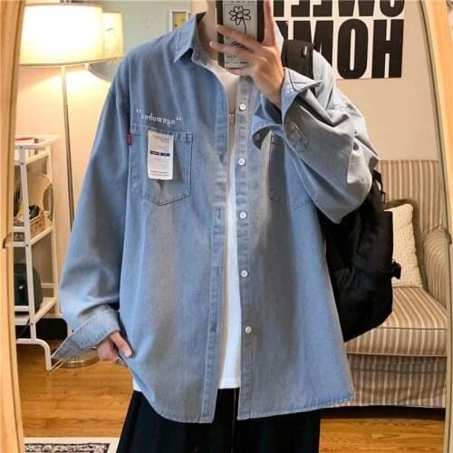 2021 Mens Korean Long Sleeve Denim Shirts Fashion Work Loose Blue Color Shirts Casual Coats Clothes Cowboy Camisa Masculina