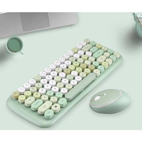 Wireless Keyboard Mouse Kit Steampunk 2.4G Wireless Mouse 1600DPI Position Retro Colorful 84 Round Keys Keyboard Pink Blue Green