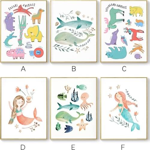 Baby Nursery Wall Art Canvas Print Poster Pink Mermaid Animal Whale Painting Nordic Kid Girl Bedroom Decoration Picture