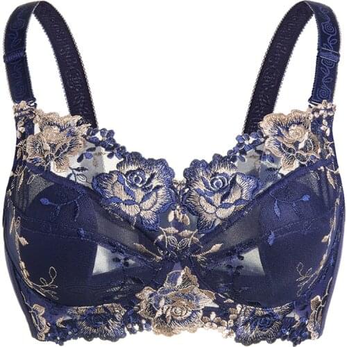 Womens Wireless Underwear Full Coverage Non Padded Minimizer Bra Lace Floral Embroidery Plus Size Bra Female Lingerie 38 E F G H