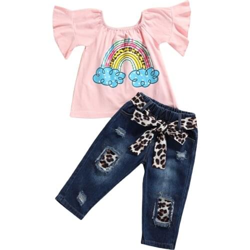 New Baby Short Sleeves + Trousers + Leopard Belt, Ruffle Decoration Rainbow Cloud Print Summer Clothing