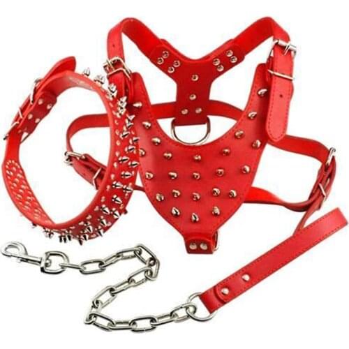 Pet Anti-bite Harness Collar Leather Studded Spiked Rivet Adjustable Bulldog Red Dog Pet Supplies Chest Strap